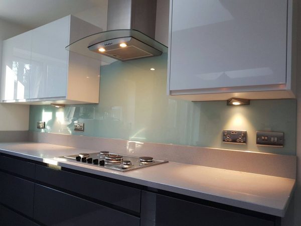 Duck egg glass splashback installed sutton coldfield