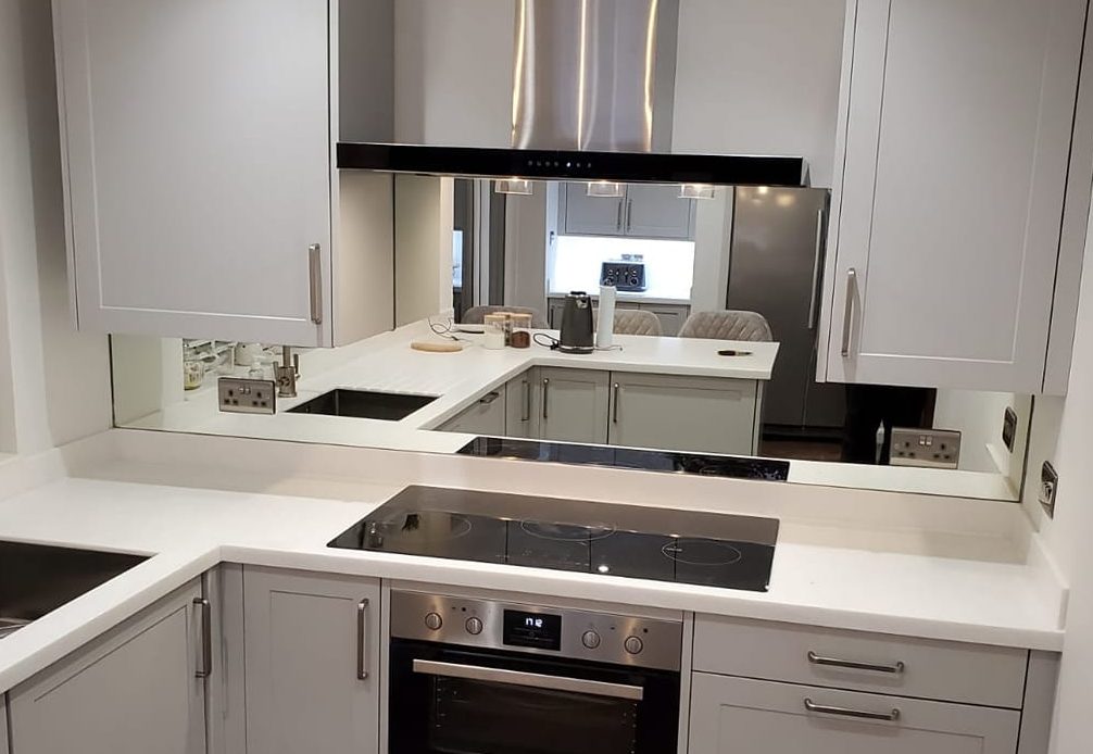 silver toughened mirror glass splashback