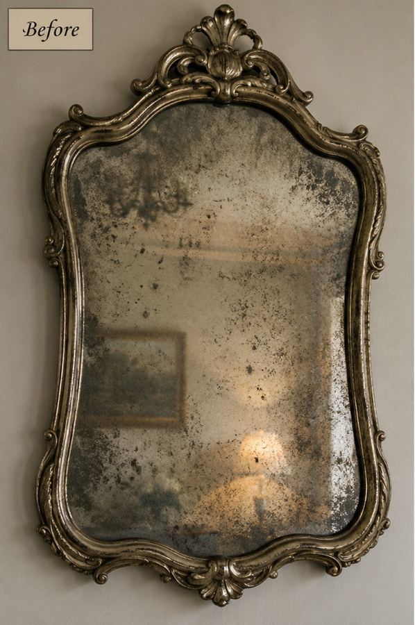 Antique mirror before re-silvering with foxing and black spots
